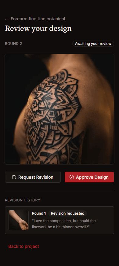 Client portal page for reviewing and requesting revisions to a tattoo design