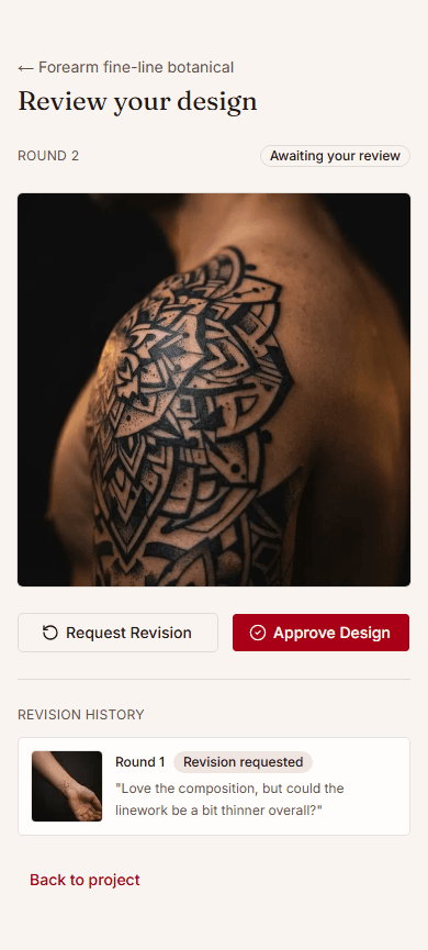 Client portal page for reviewing and requesting revisions to a tattoo design