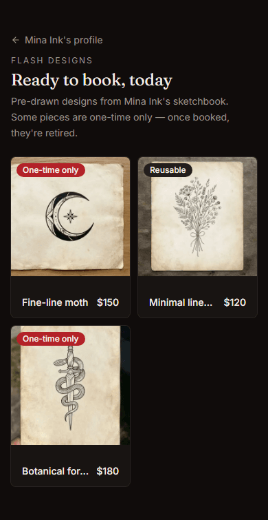 Public flash design gallery for booking a pre-drawn or custom piece