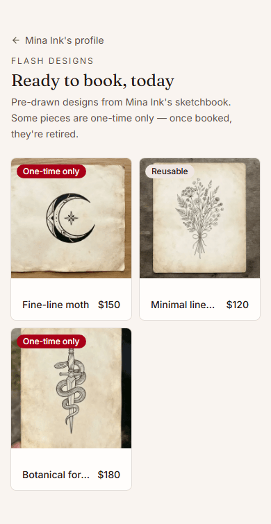 Public flash design gallery for booking a pre-drawn or custom piece