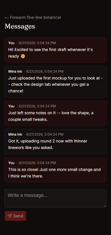 Client portal page showing a message thread between client and artist