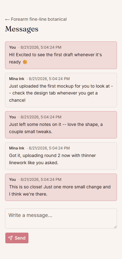 Client portal page showing a message thread between client and artist