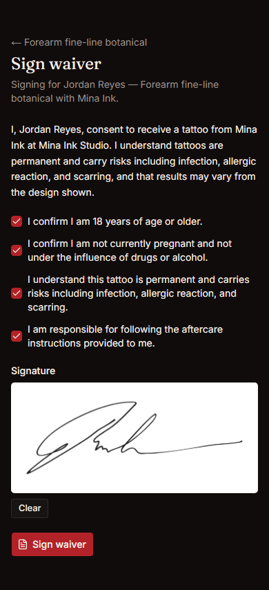 Client signing a tattoo waiver on their phone, with a signature